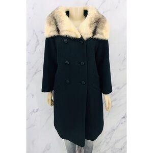 La-Blau New York Vintage Wool Double Breasted Pea Knee Length Coat Fur Collar